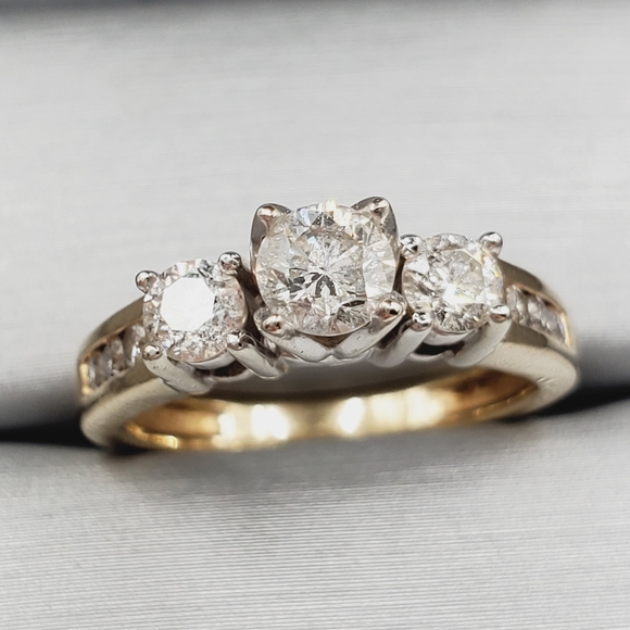 Jewelry - 14K Solid Yellow & White Gold Three Stone Genuine Round Diamond Engagement Ring